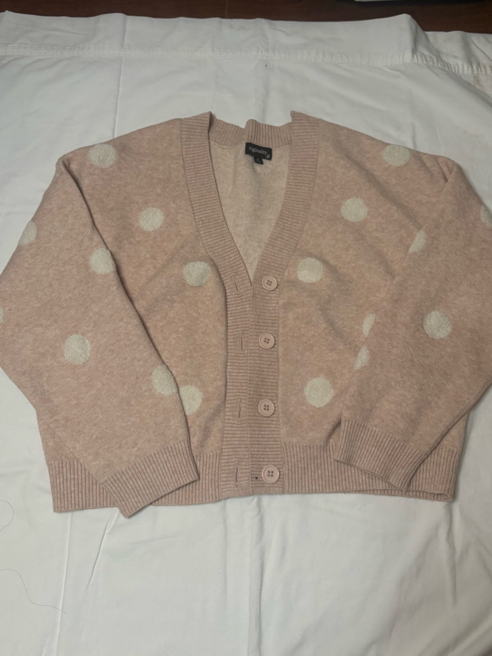 Polka Dot V-Neck Button Cardigan in Blush Pink